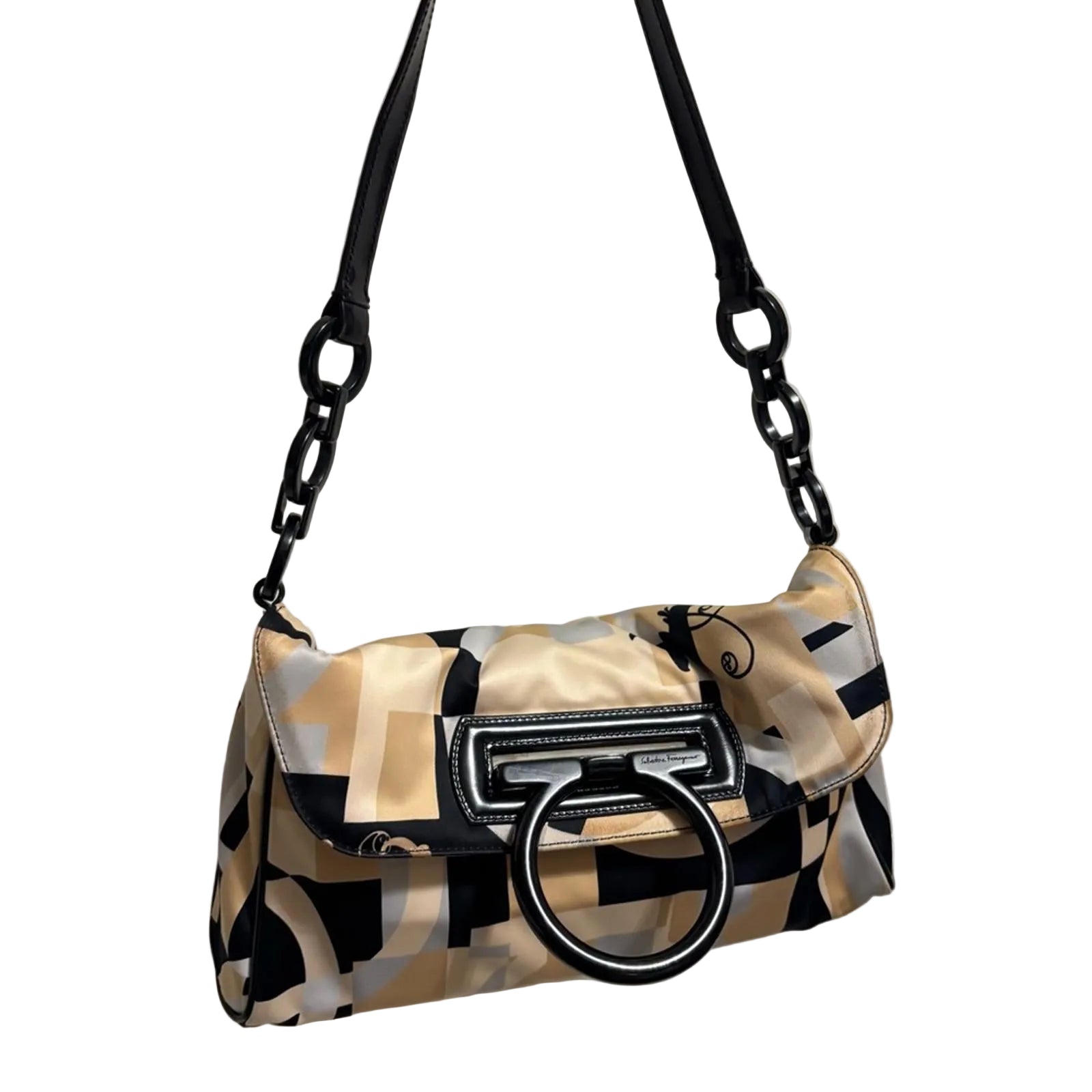 SALVATORE FERRAGAMO MULTICOLOR PRINTED SATIN & LEATHER GANCIINI FLAP BAG