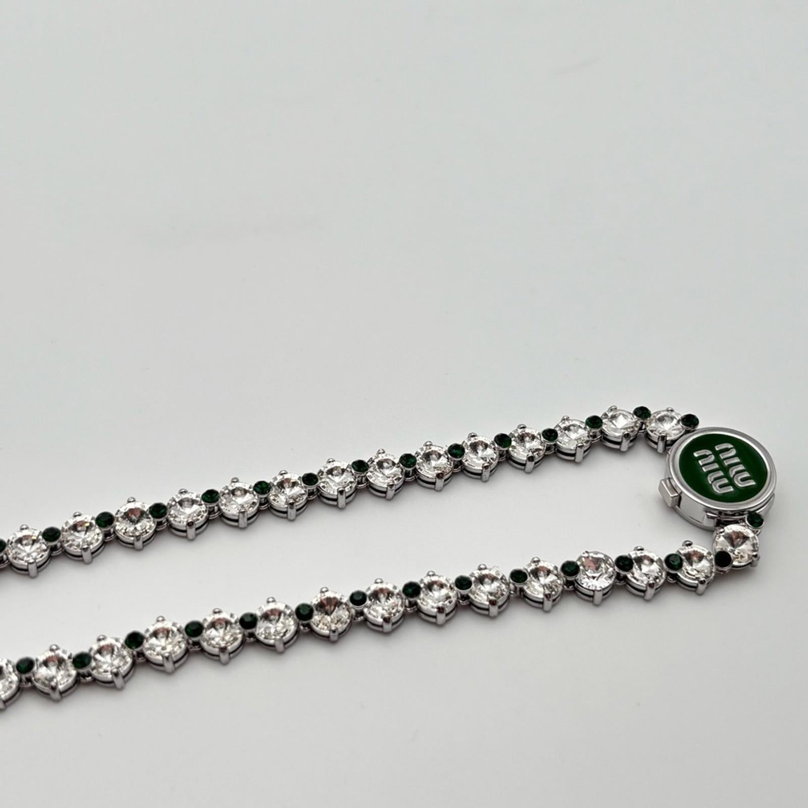 Miu Miu Crystal Tennis Necklace With Green Logo Pendant