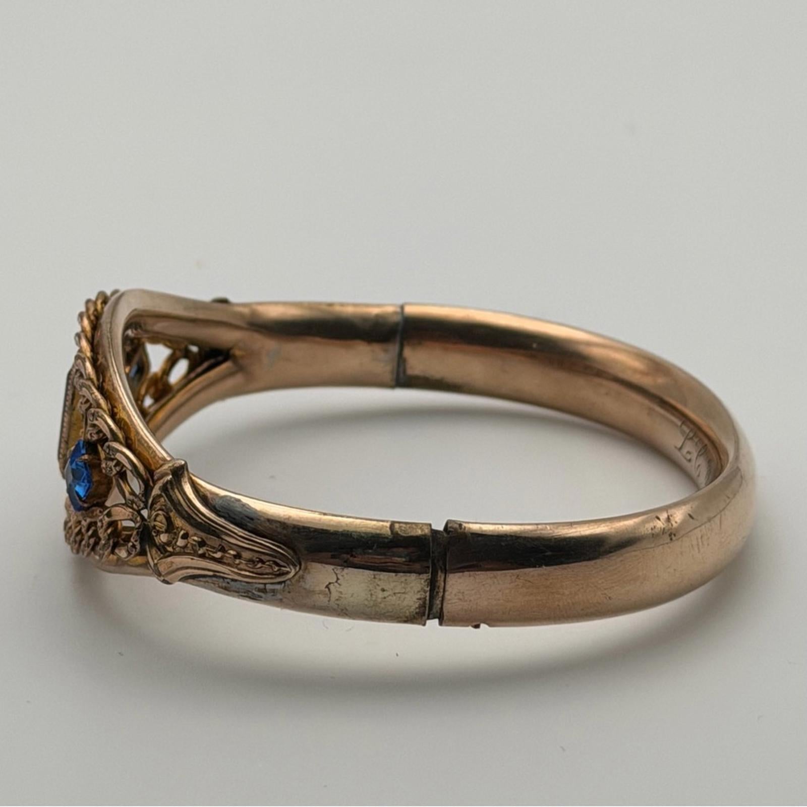 Antique Style Gold Tone Amethyst & Blue Stone Filigree Bangle Bracelet