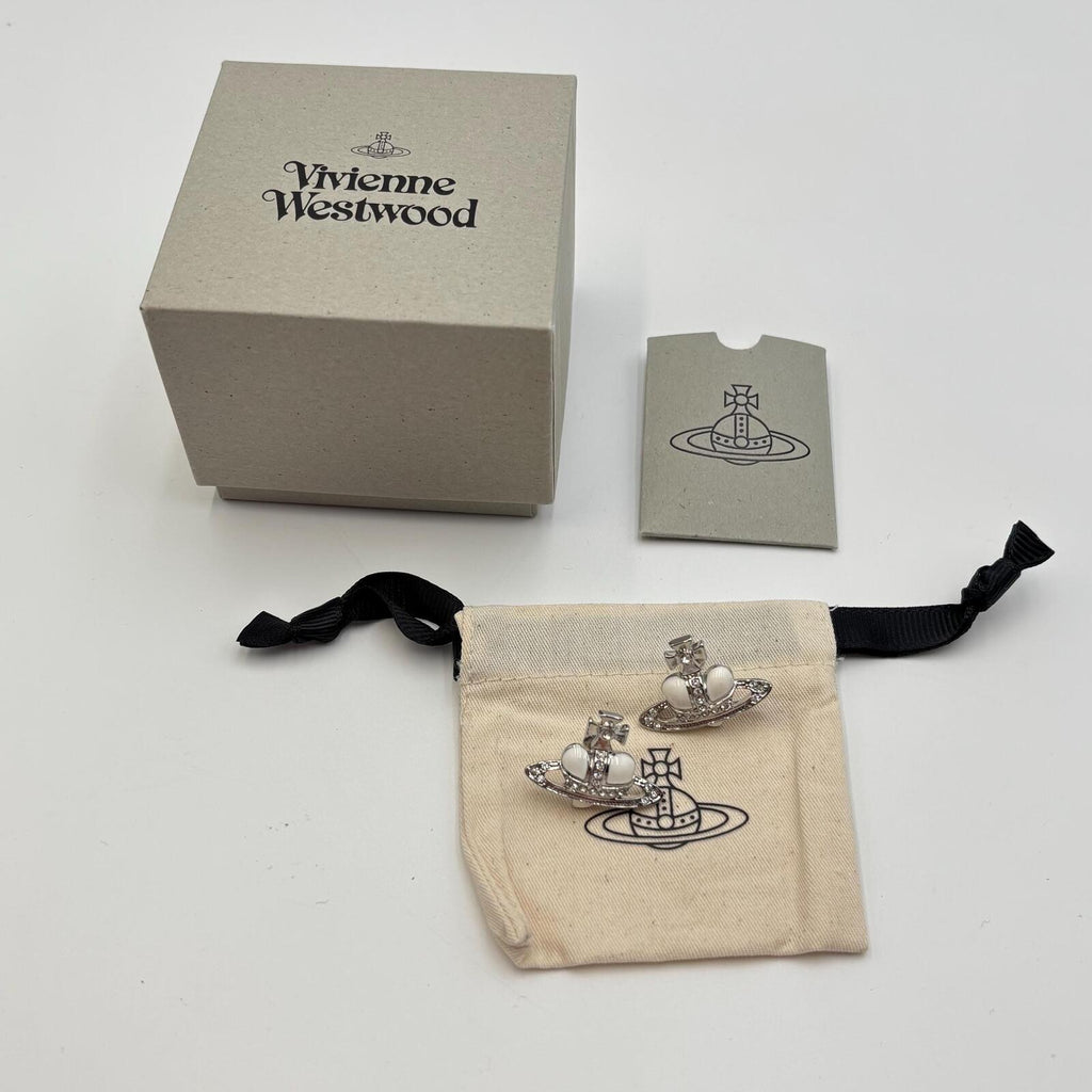 Vivienne Westwood Diamante Heart Orb Crown Stud Earrings Silver Tone