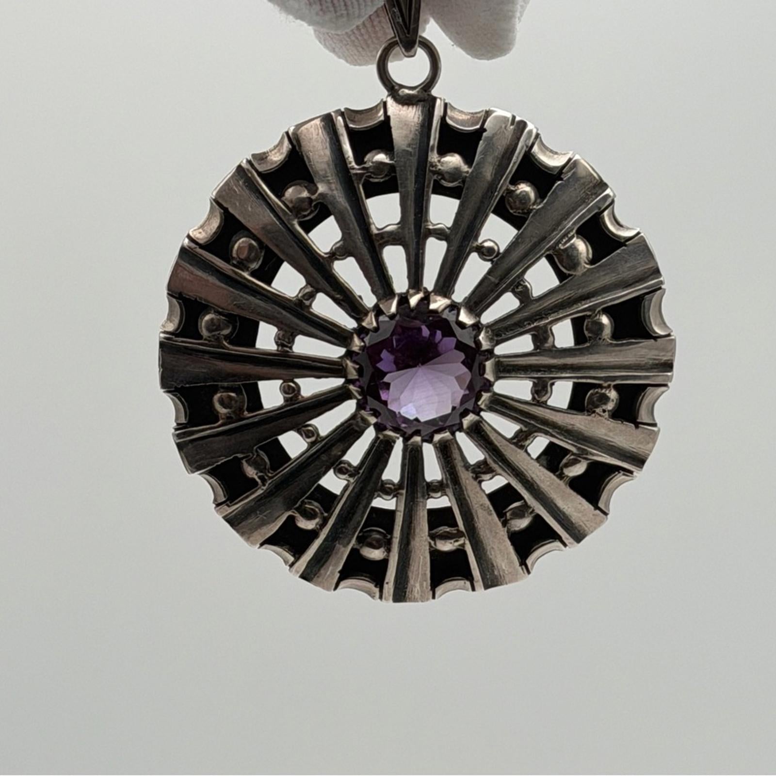 Vintage Sterling Silver Amethyst Sunburst Pendant