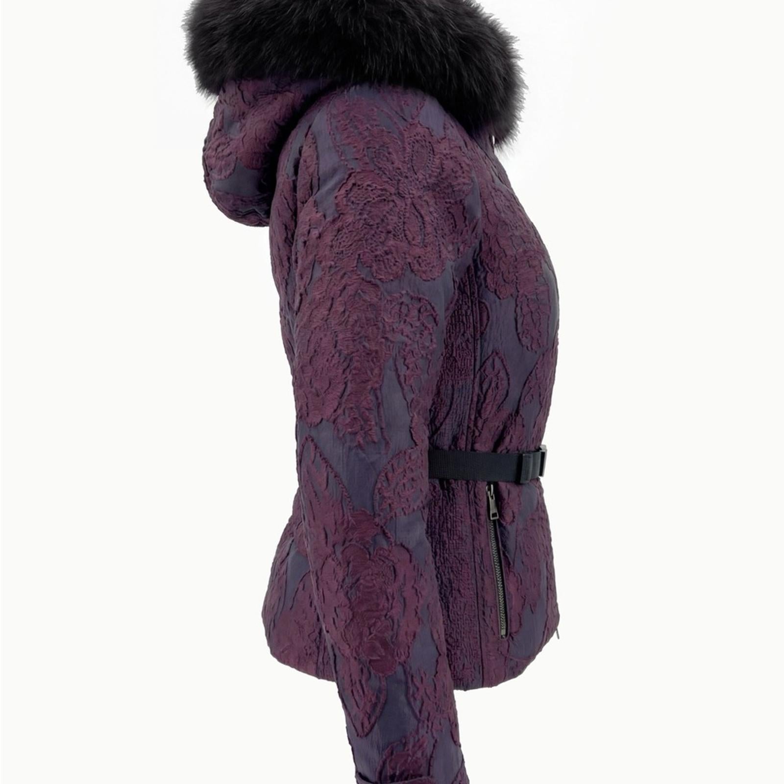 Burberry London Brocade Jacket With Fur Hood Purple Size 6