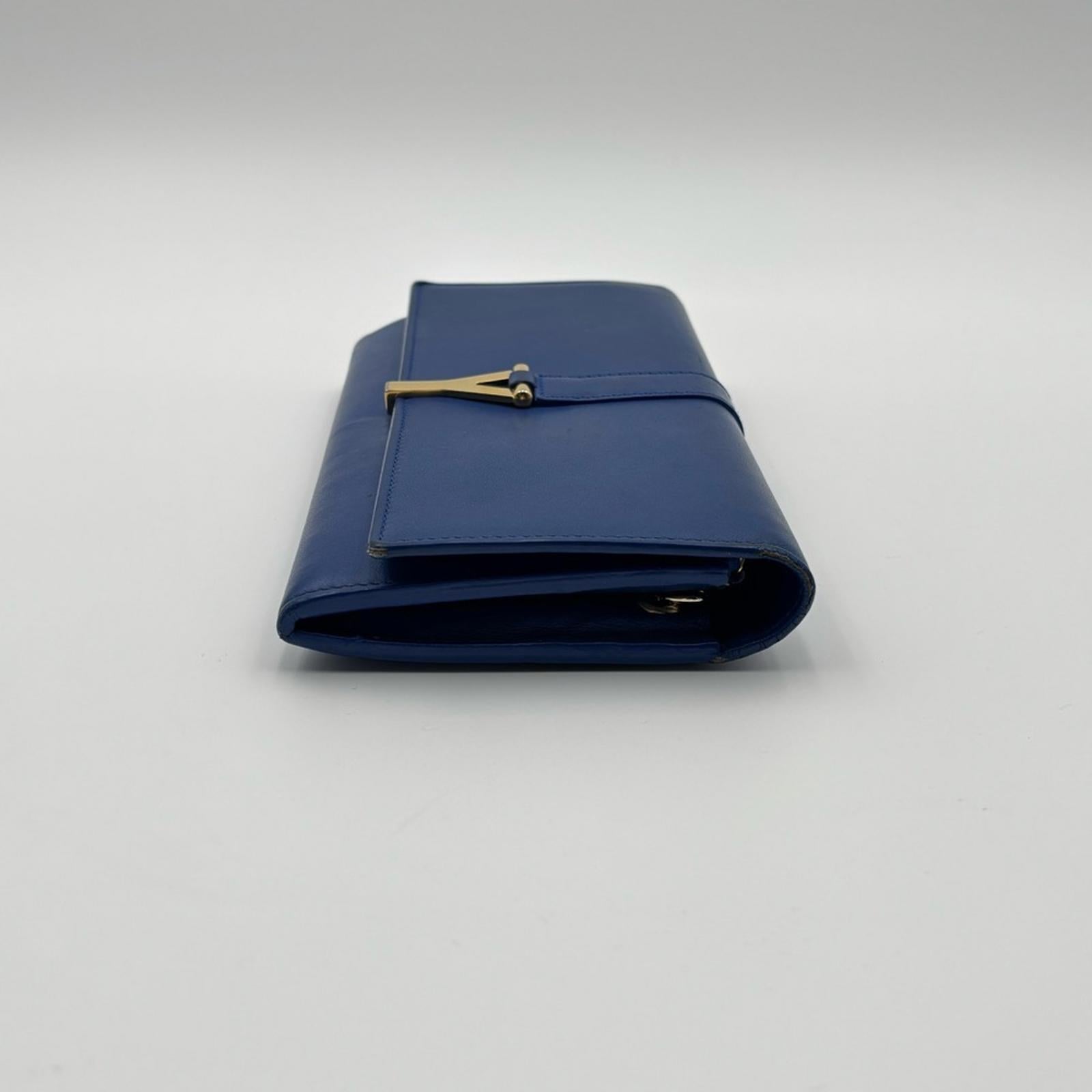 Saint Laurent Y-Chic Authentic Royal Blue Leather Zip Wallet On Chain