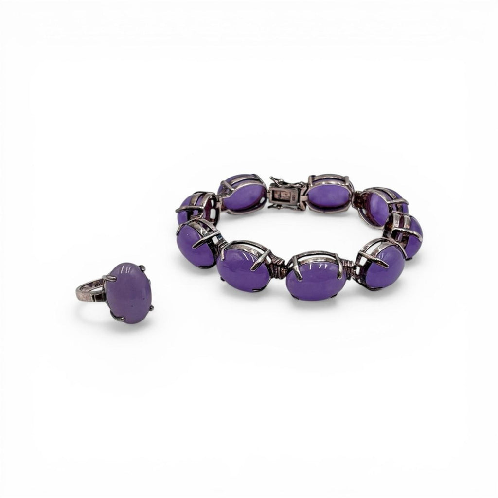 Vintage Amethyst Cabochon Bracelet And Ring Set Sterling Silver