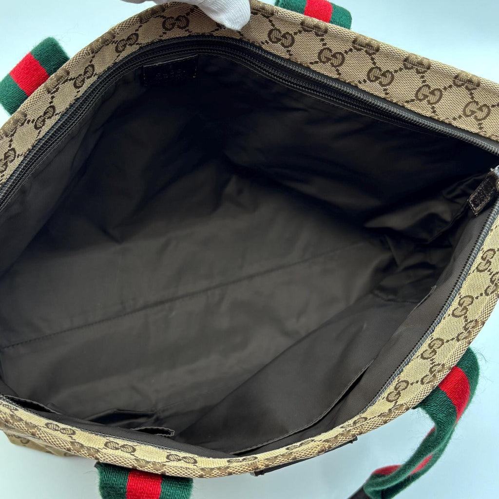 Gucci GG Canvas Web Tote Bag Brown Beige
