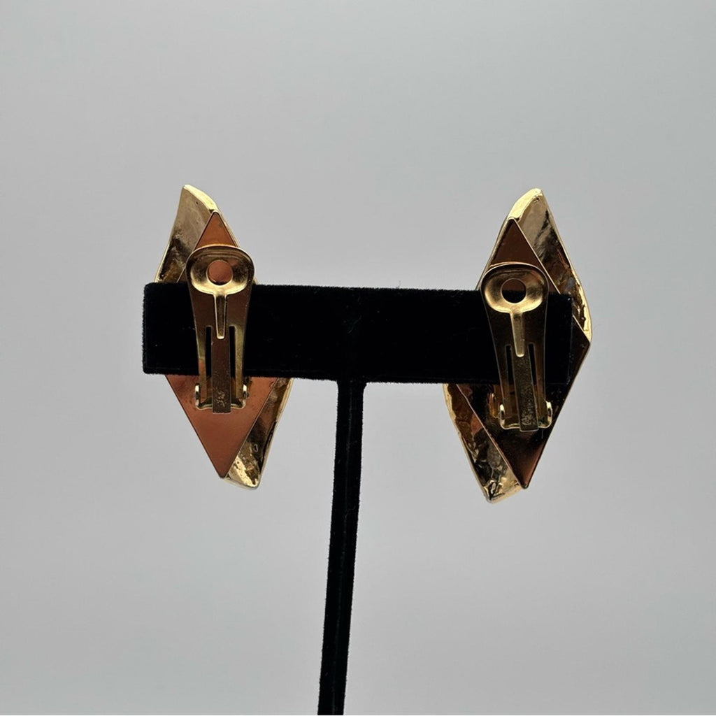 Vintage Grey Marbled Resin Geometric Clip-On Statement Earrings Gold Tone