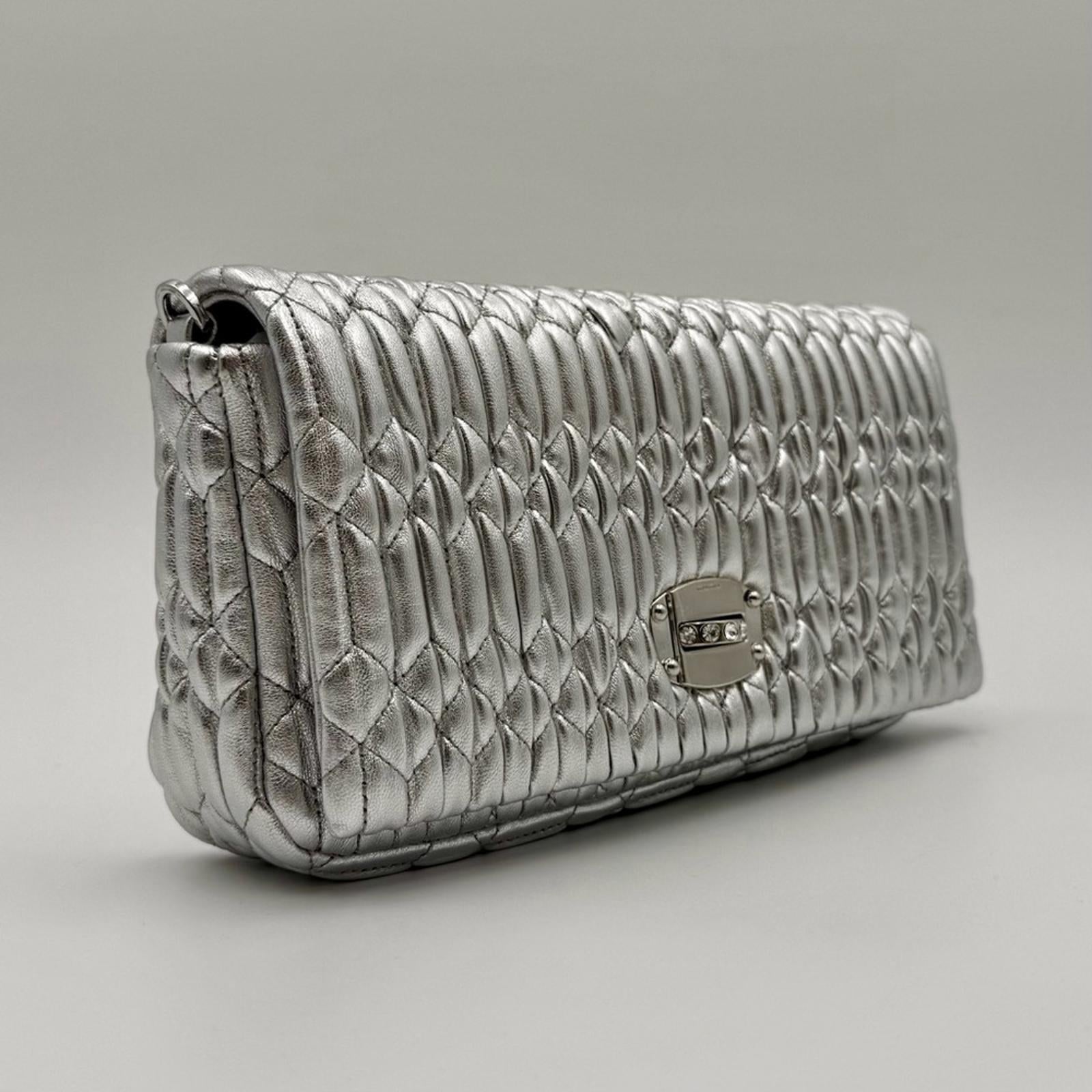 Miu Miu Silver Matelassé Leather Shoulder Bag With Crystal Chain