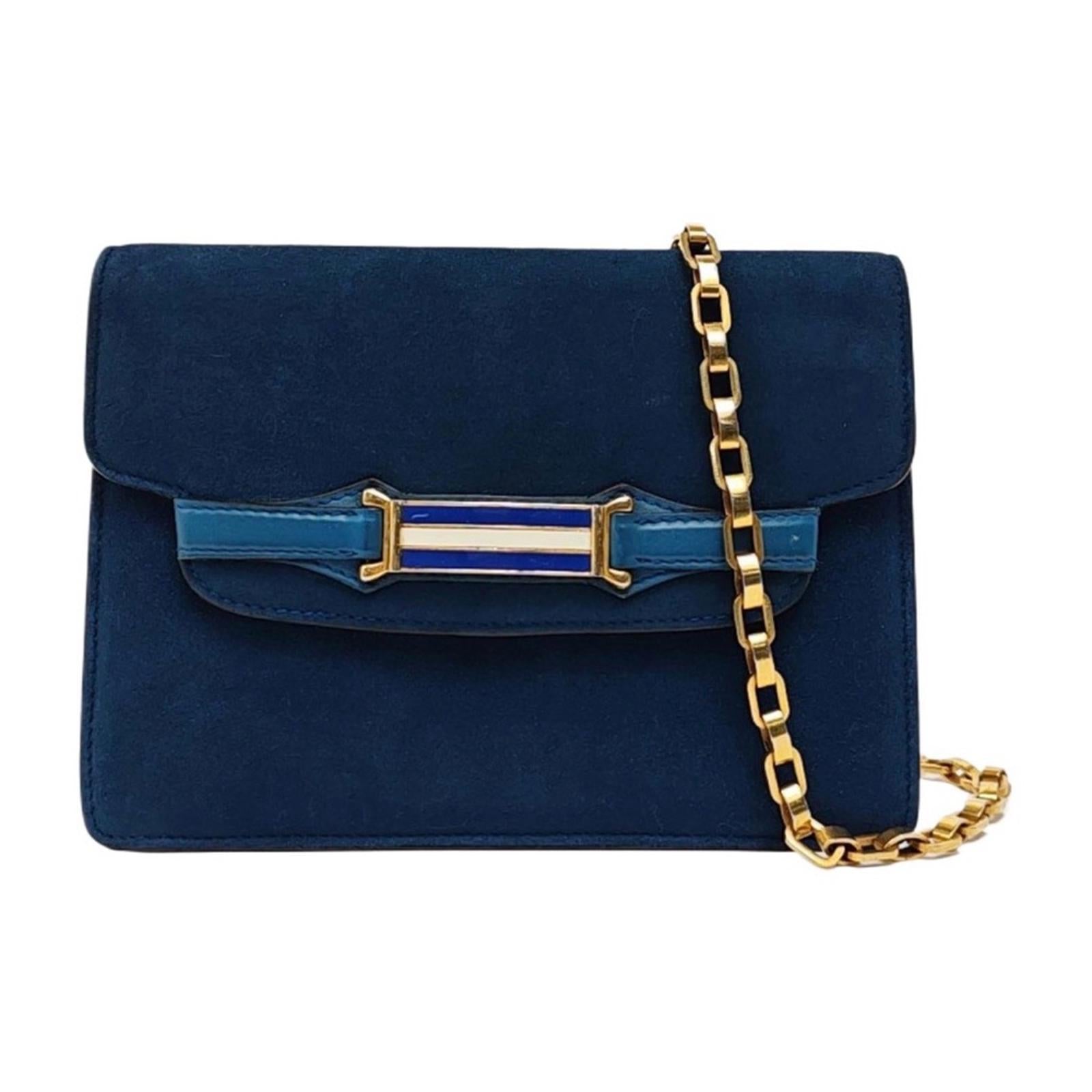 Gucci Blue Sapphire Suede Flap Shoulder Bag With Gold Chain