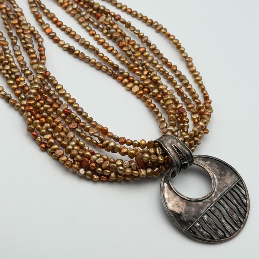 Vintage Multi-Strand Freshwater Pearl Necklace With Sterling Silver Pendant