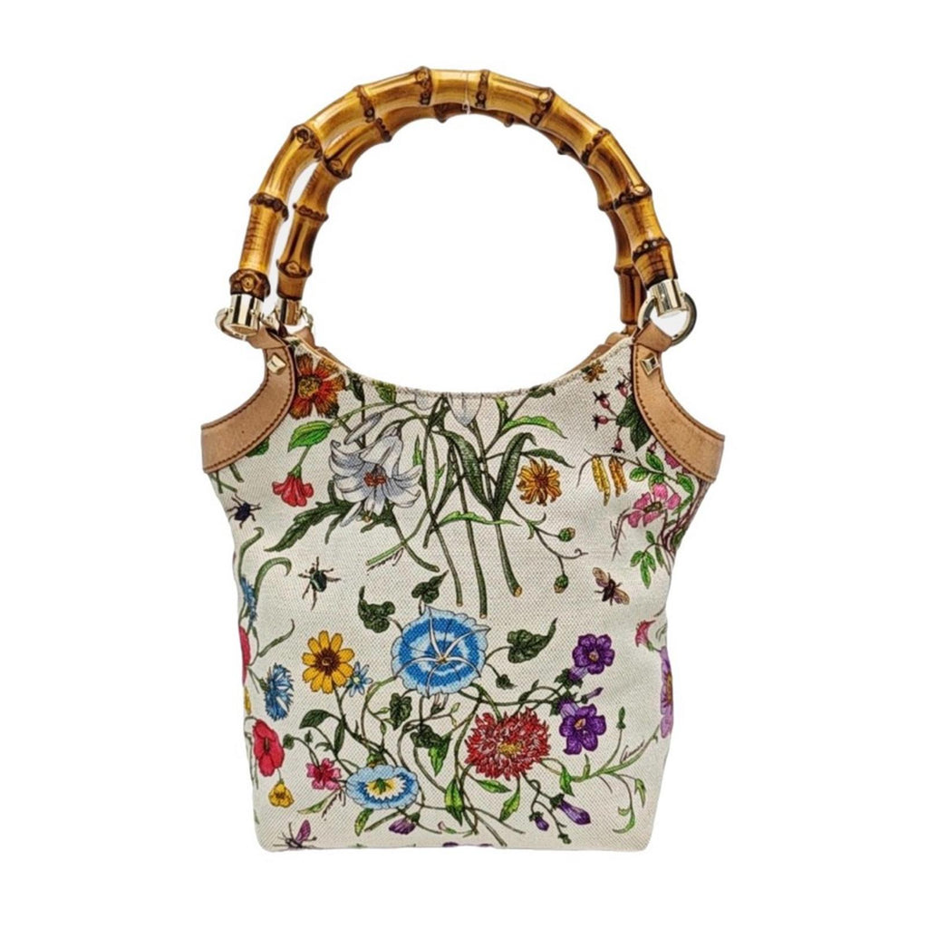 Gucci White Flora Floral Canvas Bamboo
Top Handle Mini Tote Bag