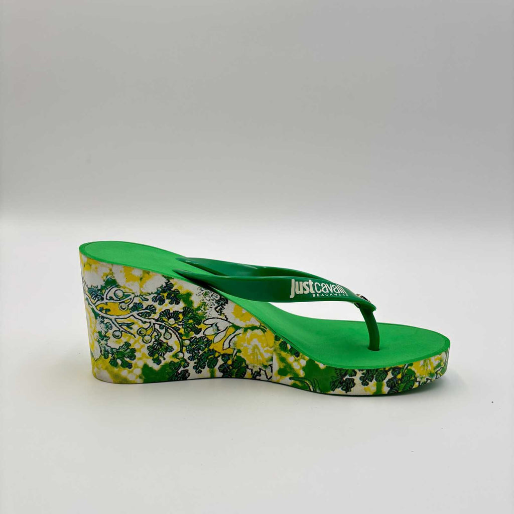 Just Cavalli Green Floral Wedge Flip Flop Sandals 37