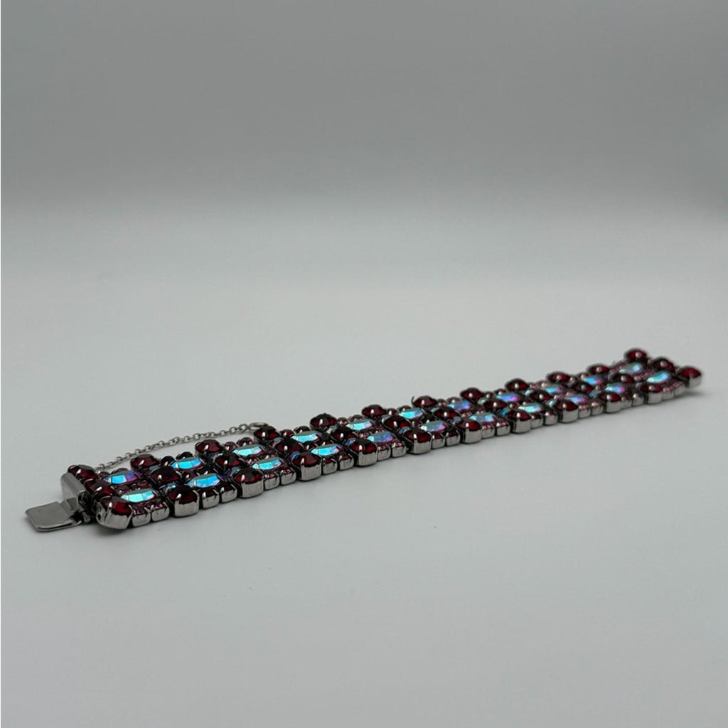 Vintage Sherman Red & Pink Aurora Borealis Rhinestone Wide Bracelet – Signed