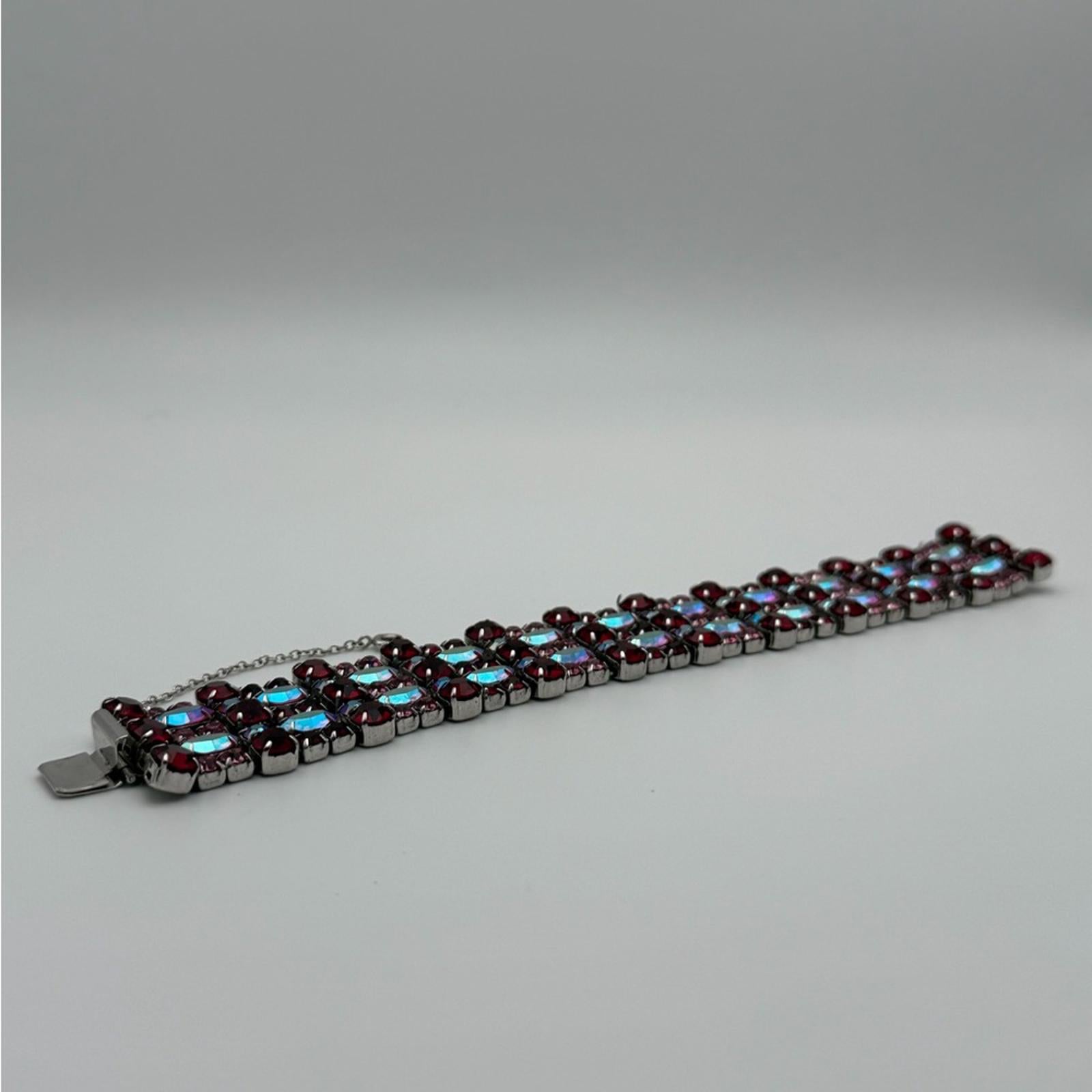 Vintage Sherman Red & Pink Aurora Borealis Rhinestone Wide Bracelet – Signed