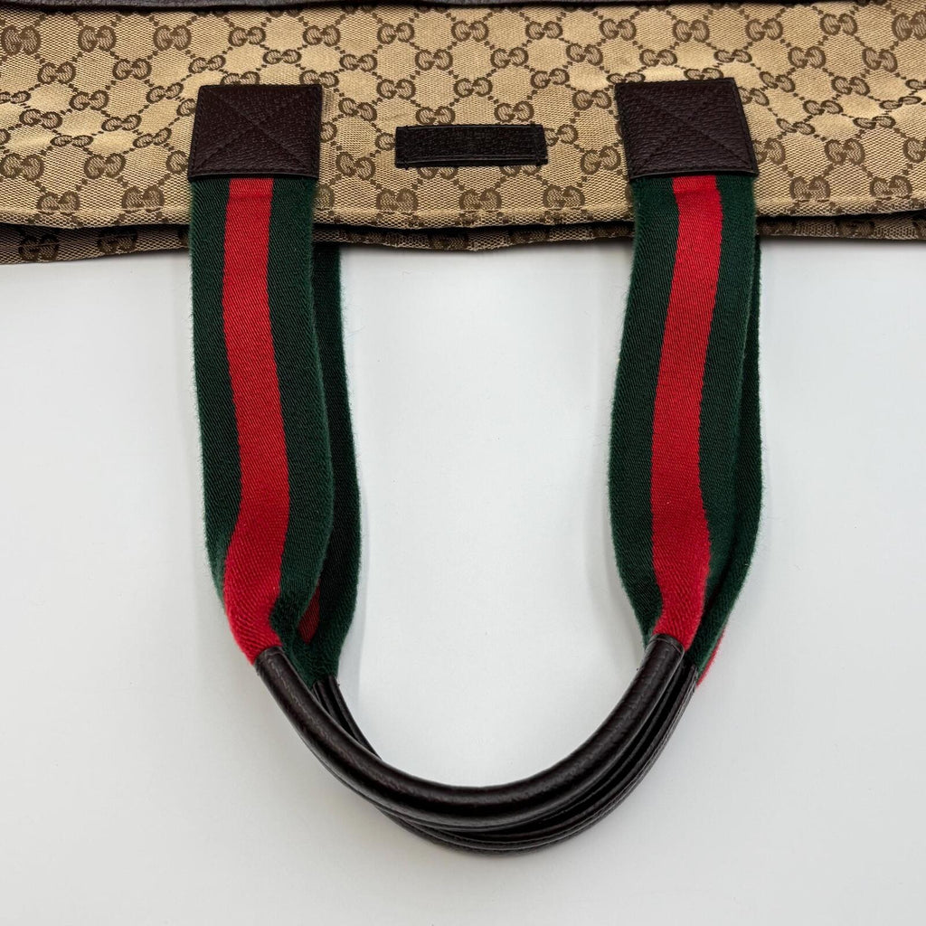Gucci GG Canvas Web Tote Bag Brown Beige
