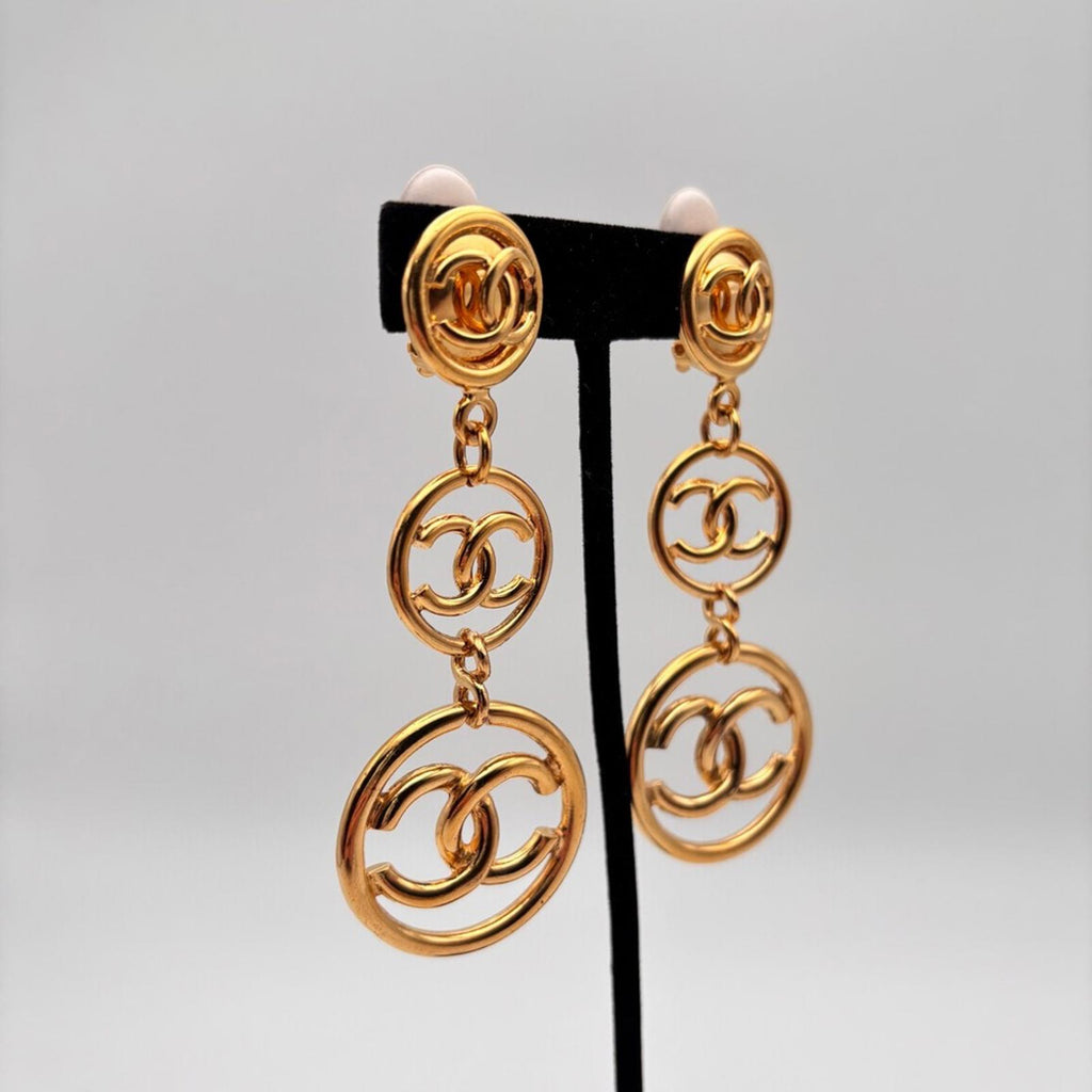 Chanel Three Tier CC Logo Charm Long Dangle Drop Earrings
