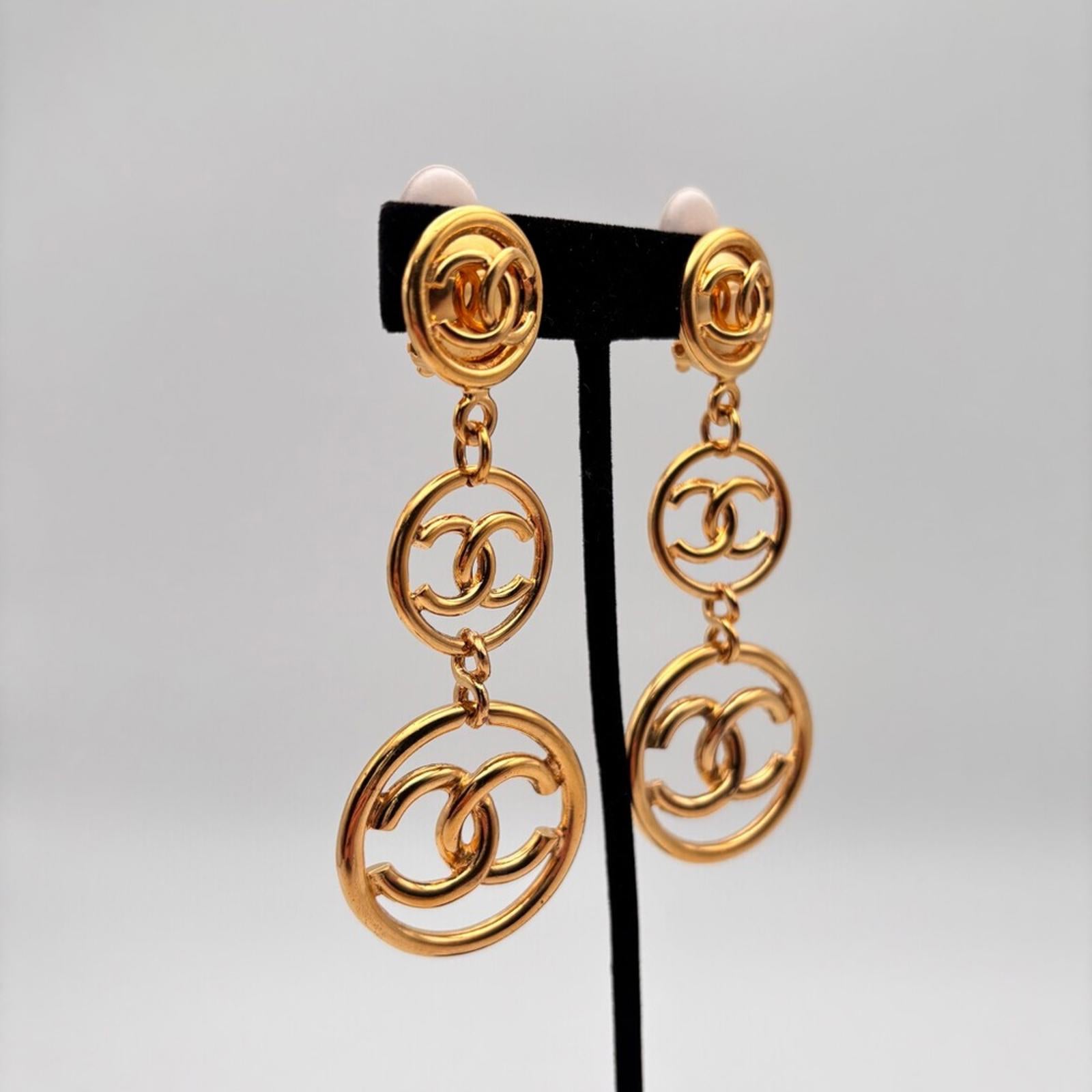 Chanel Three Tier CC Logo Charm Long Dangle Drop Earrings
