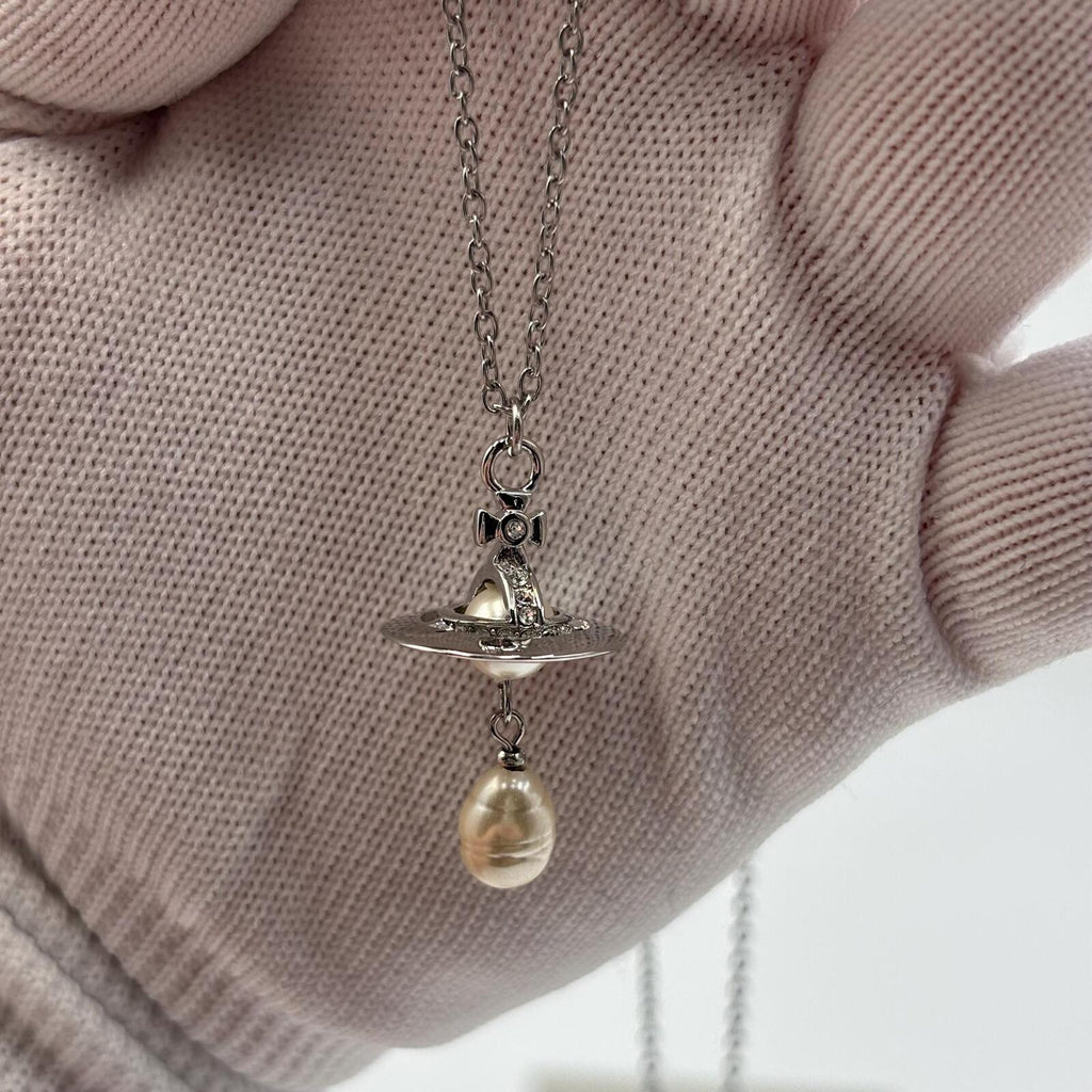 Vivienne Westwood Aleksa Orb Pearl Drop Pendant Necklace Silver Crystal