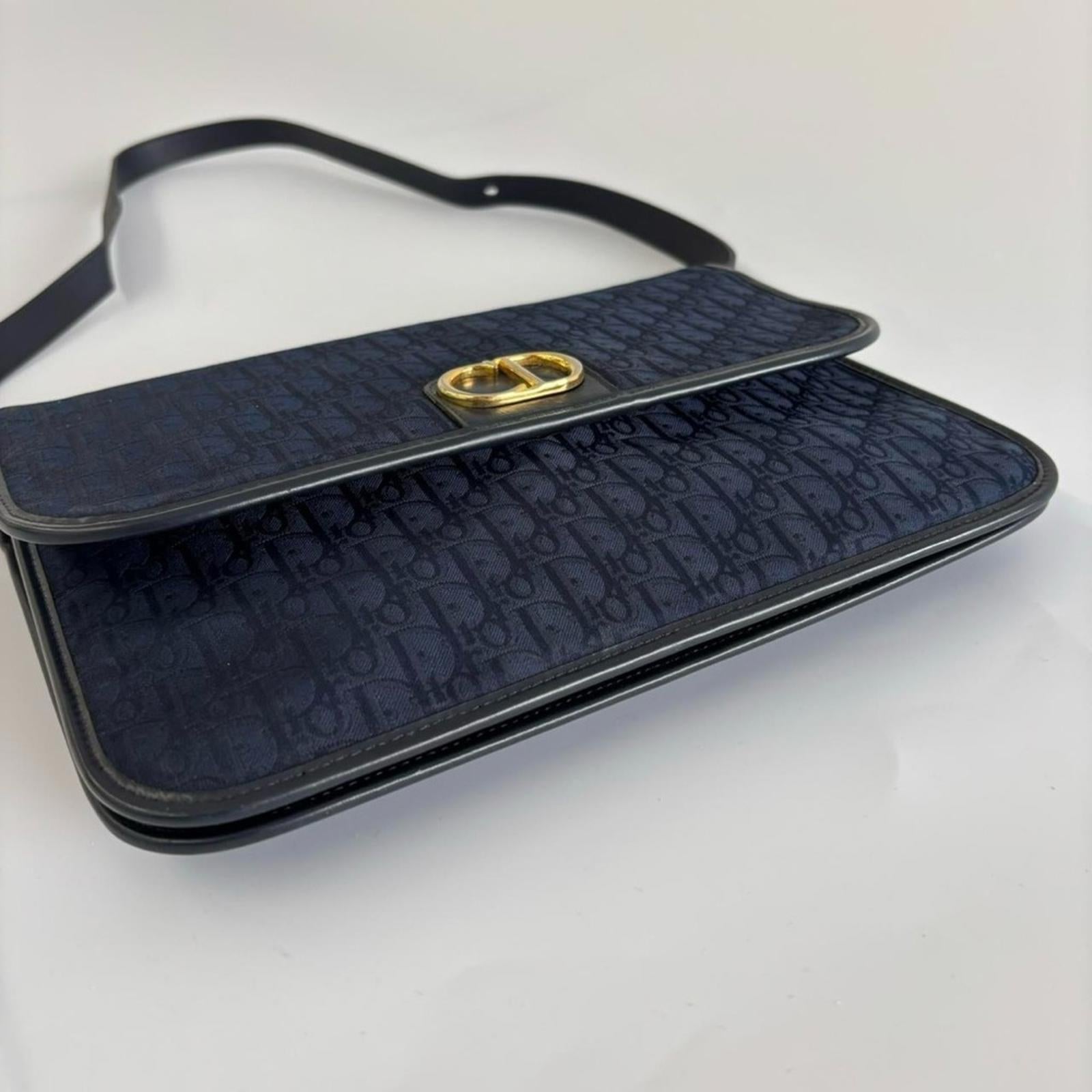 CHRISTIAN DIOR Vintage Navy Trotter Jacquard Chain Shoulder Bag