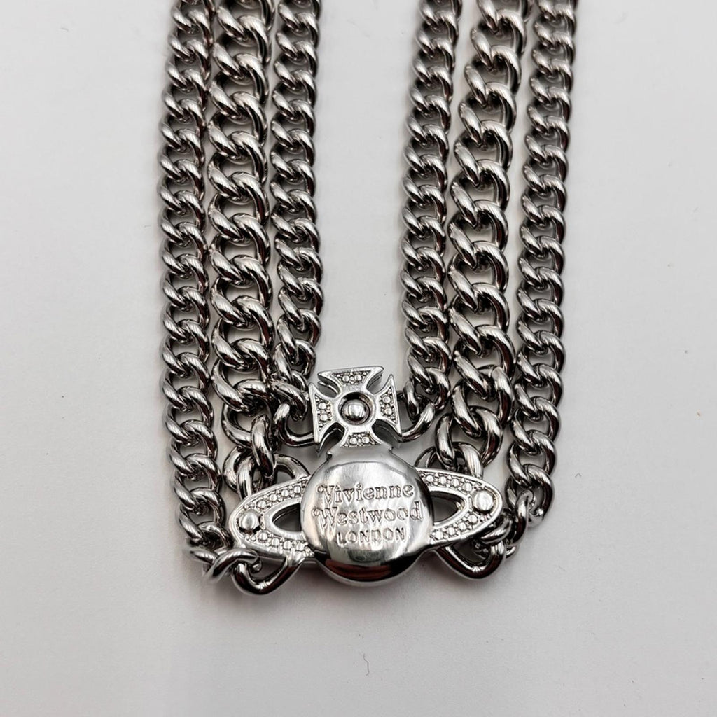 Vivienne Westwood Graziela Orb Multi Chain Choker Necklace Silver Tone Crystal