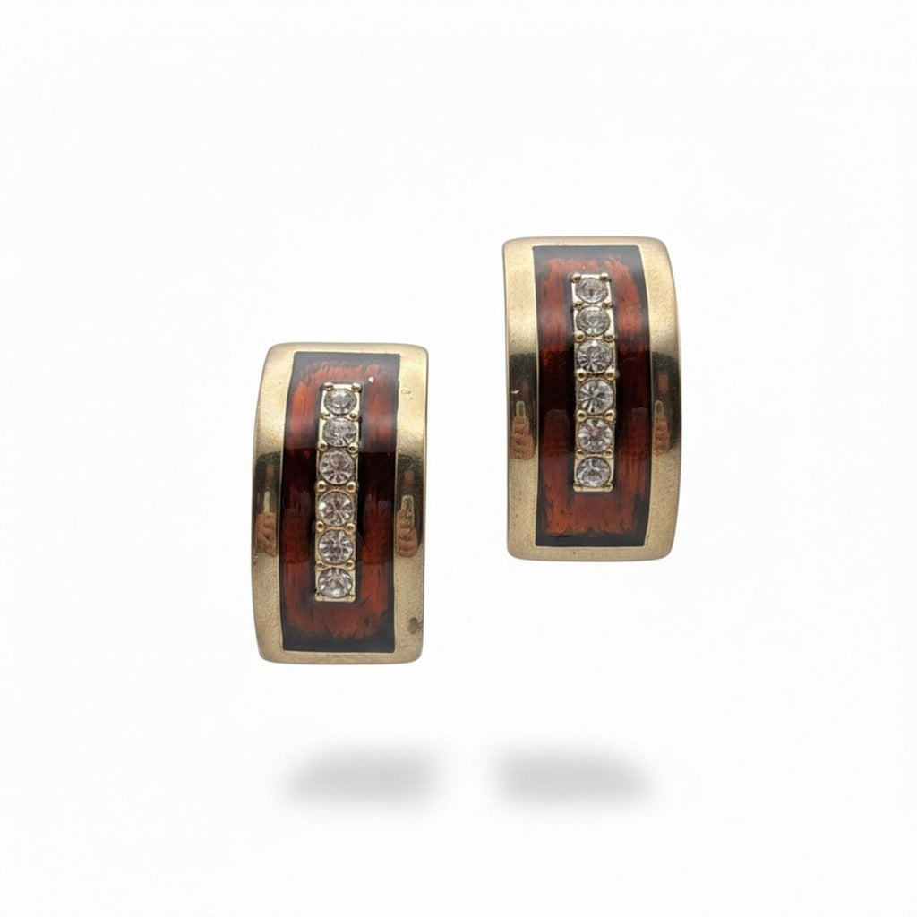 Vintage Gold-Tone Enamel Rhinestone Clip-On Earrings