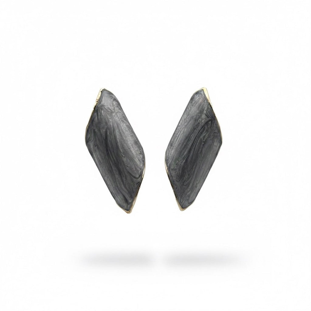 Vintage Grey Marbled Resin Geometric Clip-On Statement Earrings Gold Tone