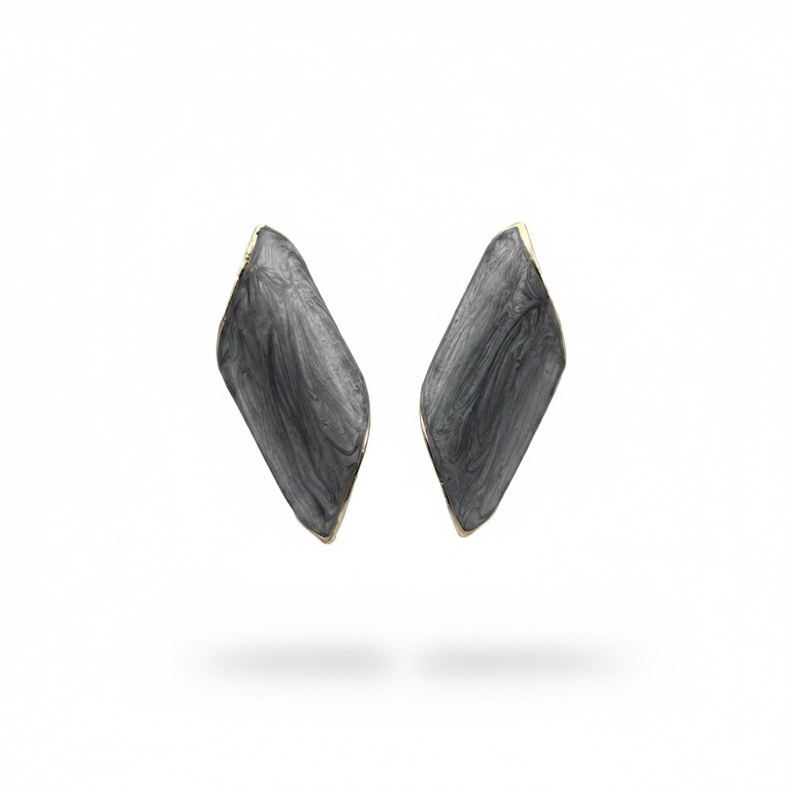 Vintage Grey Marbled Resin Geometric Clip-On Statement Earrings Gold Tone