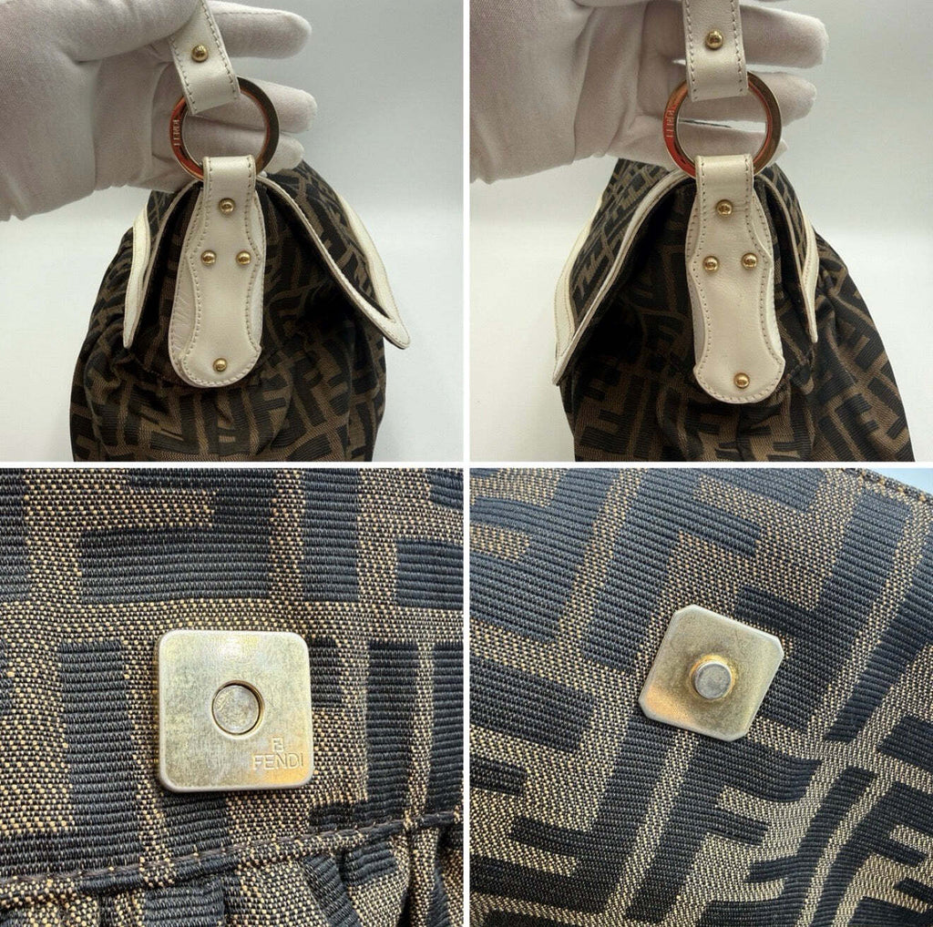 Fendi Zucca Monogram Canvas Shoulder Bag with Ivory Leather Trim
