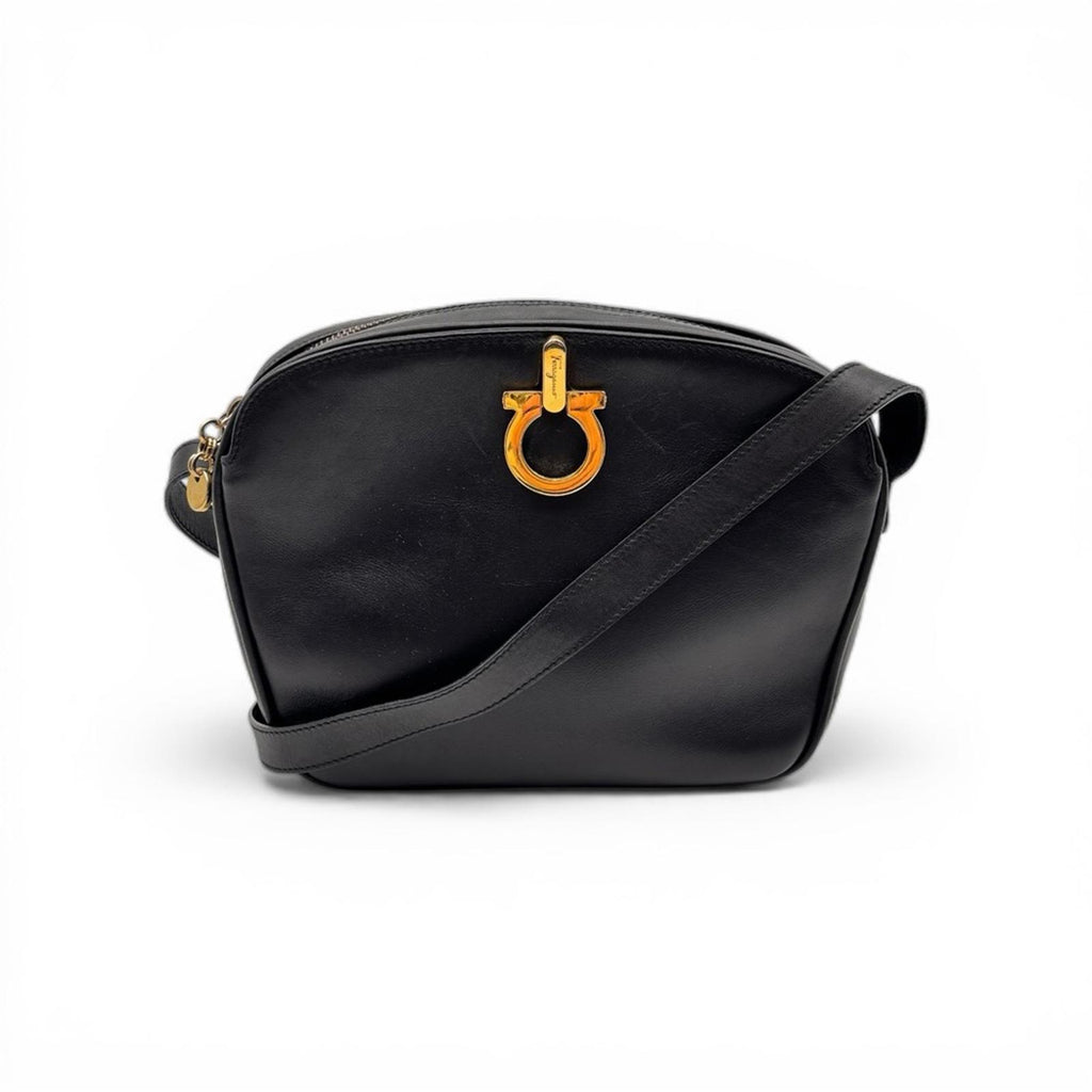 Salvatore Ferragamo Black Leather Crossbody Bag – Gold Gancini Hardware