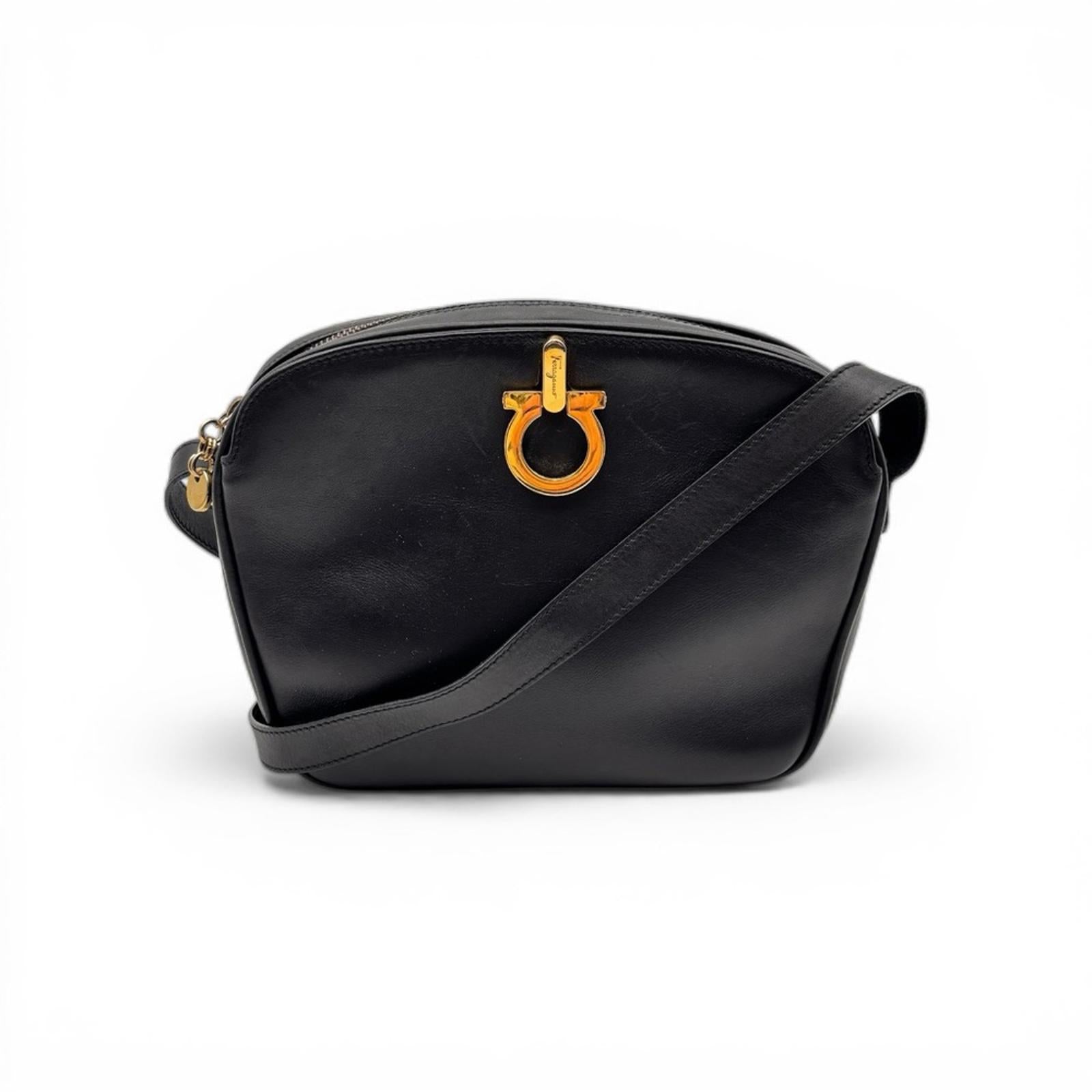 Salvatore Ferragamo Black Leather Crossbody Bag – Gold Gancini Hardware