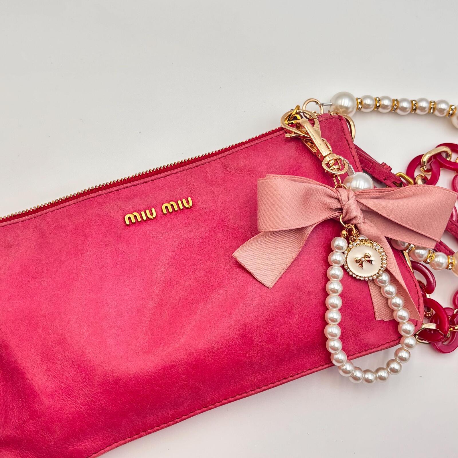 Miu Miu Pink Leather Pochette Shoulder Bag With Added Chains & Charms