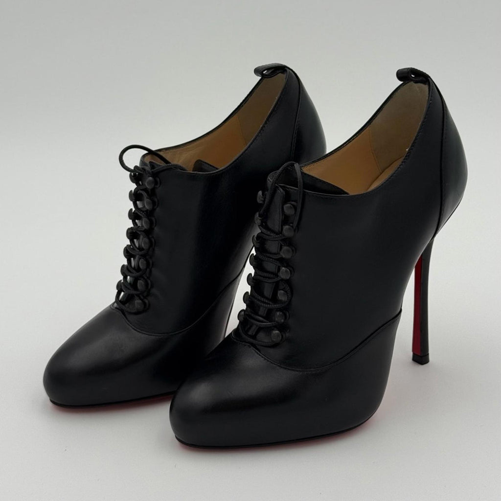 CHRISTIAN LOUBOUTIN BLACK LEATHER LACE-UP BOOTIES – SIZE 36