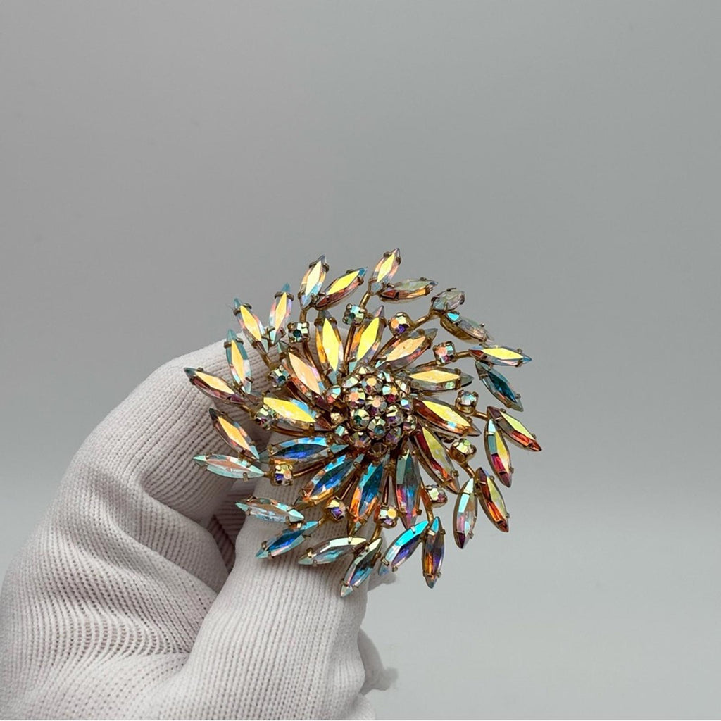 Sherman Aurora Borealis Rhinestone Floral Brooch – Gold Tone