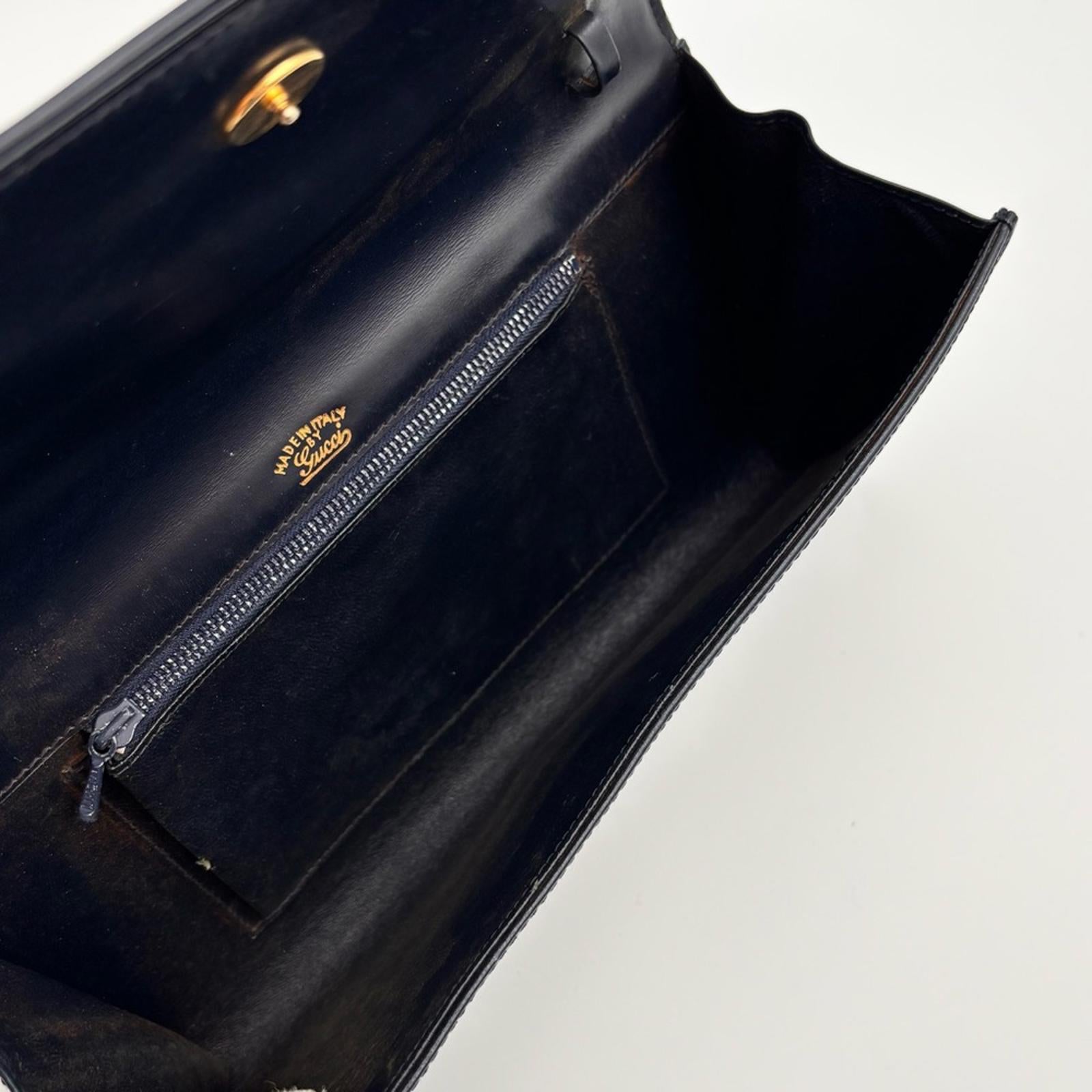 Gucci Vintage Navy Leather Chain Shoulder Bag Gold Hardware